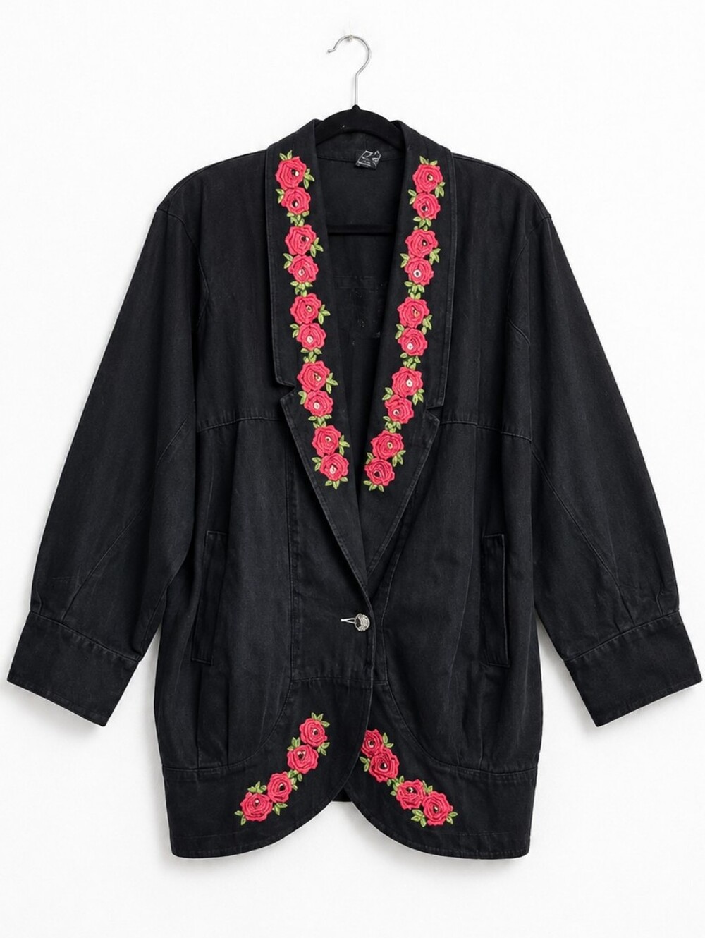 Vintage 90s Art to Wear Rose Embroidered Oversized Black Denim Jacket M Western
